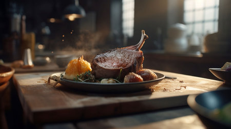 An AI generated illustration of a succulent, freshly cooked steak on a plate, ready to be servedの素材