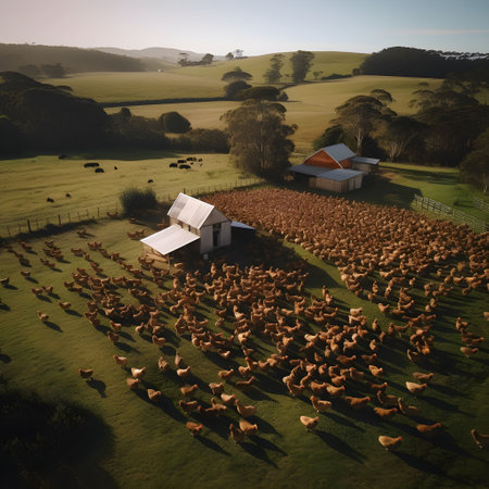 An AI generated illustration of a bunch of chickens in a field near a house and hillsの素材