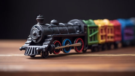 An AI generated illustration of a toy train on a wooden tableの素材