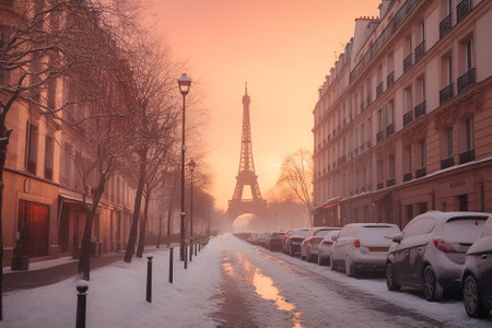 An AI generated illustration of Paris skyline illuminated by the setting sun during winterの素材