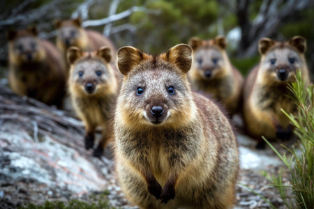 An AI-generated illustration of a quokka family looking at the camera.の素材
