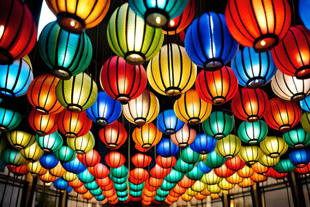 A festive display of vibrant paper lanterns suspended from the ceiling. AI-generated.の素材