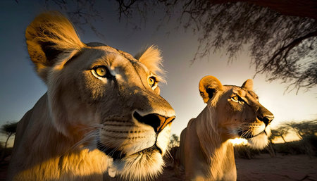 An AI generated illustration of African lions sit gazing off into the distance at sunsetの素材