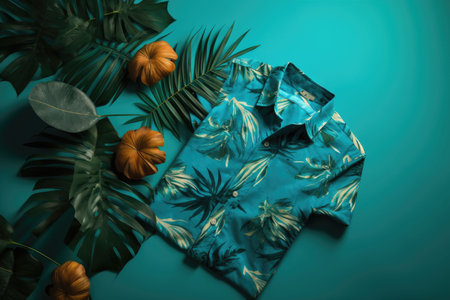 An AI generated illustration of a tropical shirt on a vibrant vlue background of fern branchesの素材