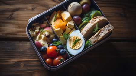 An AI generated illustration of A freshly-prepared lunch in a box sits atop a wooden table.の素材