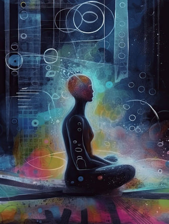An AI generated illustration of a man in a meditative pose on a vibrant backgroundの素材