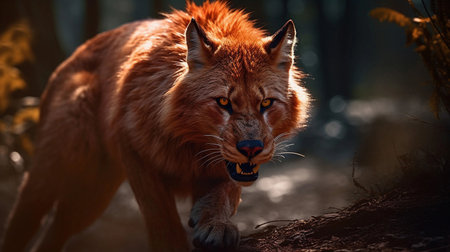 An AI generated illustration of a furious saber-toothed cat roaring and showing its sharp teethの素材