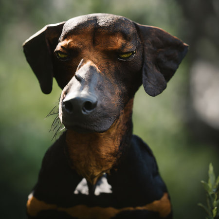 An AI generated illustration of a canine companion with a serious expression in lush, green fieldの素材