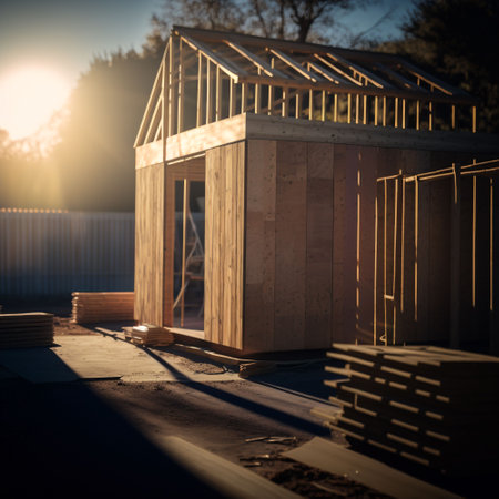 An AI-generated illustration of a wooden house frame illuminated by bright sunlight.の素材