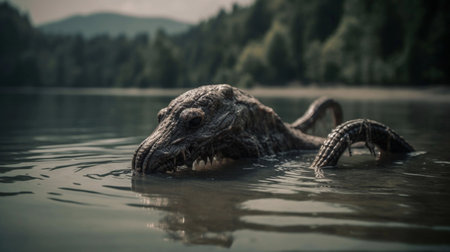 An AI generated illustration of a fictitious crocodile creature swimming in a river creating an eerie sceneの素材