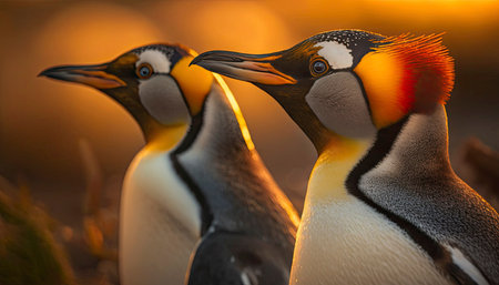 An AI generated illustration of penguins standing in a line gazing toward a picturesque sunsetの素材