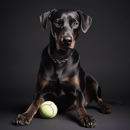 An AI generated illustration of a black-coated canine companion in front of a tennis ballの素材