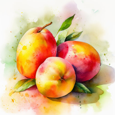 An AI generated illustration of a vibrant and colorful watercolor painting of ripe and juicy mangosの素材