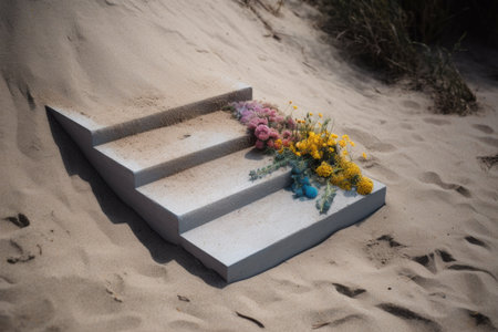 An AI generated illustration of a staircase in golden sand on a beach surrounded by flowersの素材