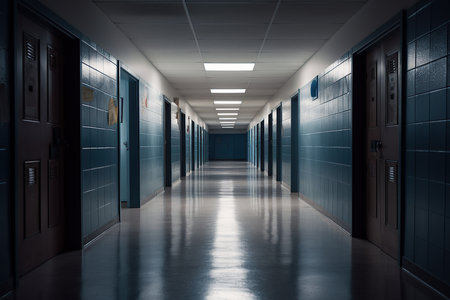 An AI generated illustration of a desolate school hallway filled with a sense of despair and lonelinessの素材