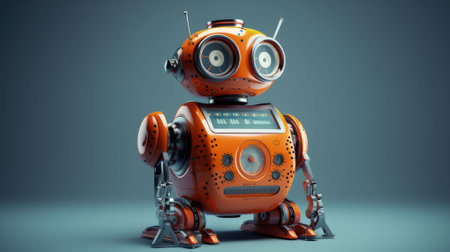 An AI generated illustration of a futuristic orange robot-shaped clock with a blue digital displayの素材