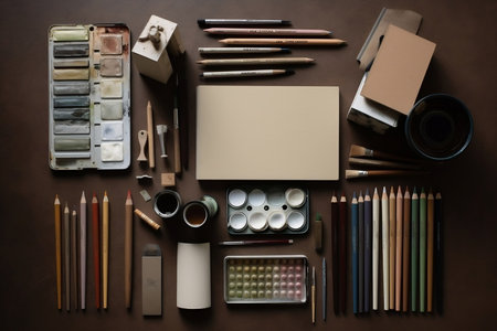 An AI generated illustration of a wooden desk with a selection of colored pencils and other stationery items scattered across the surfaceの素材