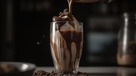 An AI generated illustration of A close-up of a chocolate milkshake being poured into a glassの素材