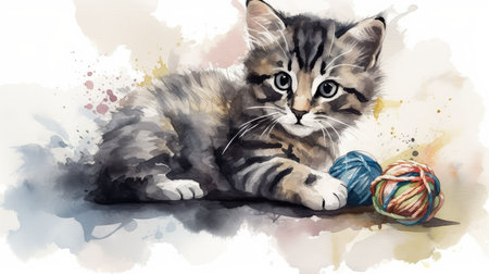 An AI generated illustration of an adorable playful kitten playing with a colorful ball - watercolor styleの素材