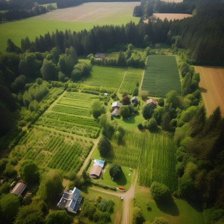 An AI generated illustration of a green field with several barns in the middle and treesの素材