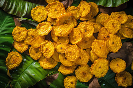 An AI generated illustration of fried platano chips served on a bed of large leavesの素材