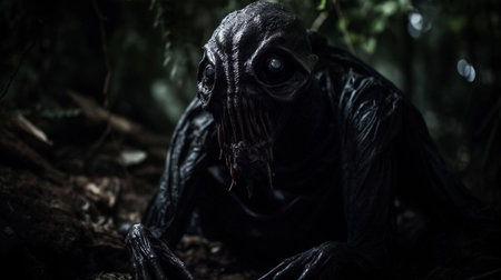 An AI generated illustration of a mysterious scary figure sitting alone in a tranquil forest settingの素材