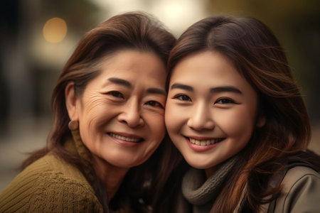 An AI generated illustration of two asian female friends happily embracing in a warm hug, smiling and showing their joy and connectionの素材