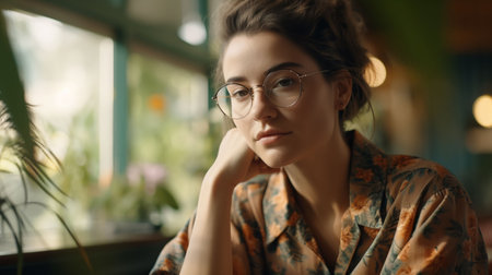 An AI-generated illustration of a young woman with eyeglasses looking at the camera.の素材
