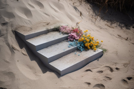 An AI generated illustration of a staircase in golden sand on a beach surrounded by flowersの素材