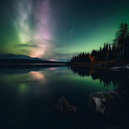 An AI generated illustration of Aurora Borealis illuminating the night sky above the tranquil surface of lakeの素材