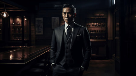 An AI generated illustration of a handsome Asian man in a formal business suit standing in a dimly lit room with vintage decorの素材
