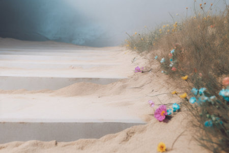 An AI generated illustration of a staircase in golden sand on a beach surrounded by flowersの素材