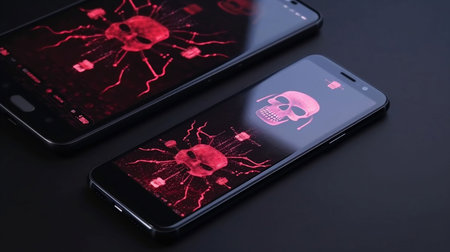 An AI generated illustration of mobile phones on a table with a red ghostly skull projectionの素材