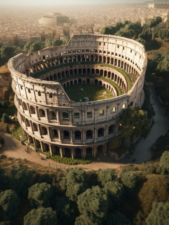 An aerial shot of the Colosseum in Rome, Italy, AI-generated.の素材