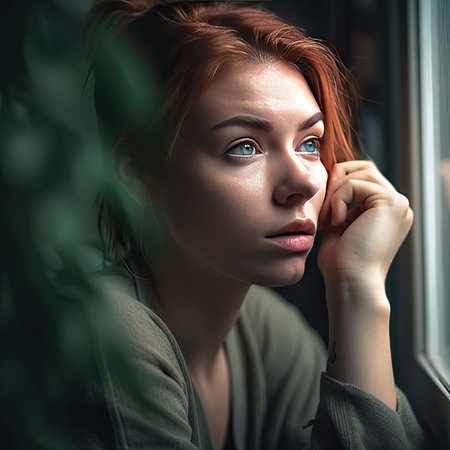 An AI generated illustration of A young female adult with a thoughtful expression looking out a window while holding her chin in her handの素材
