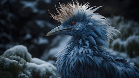 An AI generated illustration of a mythical fictitious monster character with thick fur in a snowy landscapeの素材