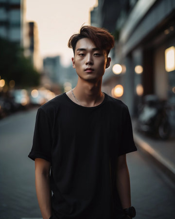 An AI generated illustration of a sexy young Asian male posing outdoorsの素材