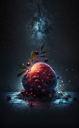 An AI generated illustration of a red apple and berries against a starry backdropの素材