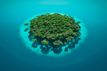 An AI generated illustration of a scenic view of a beautiful tropical island surrounded by crystal clear waters and a clear blue skyの素材