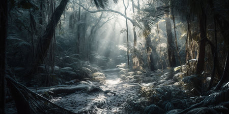 An AI generated forest with dense treesの素材