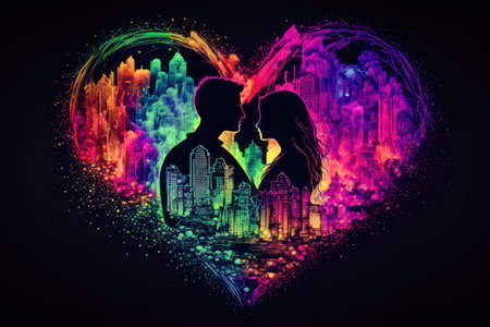An AI generated illustration of a loving couple silhouette on a bright heart backgroundの素材