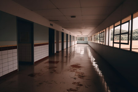 An AI generated illustration of An interior view of a dimly lit hallwayの素材