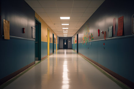 An AI generated illustration of  an empty school hallway with polished tiled flooringの素材