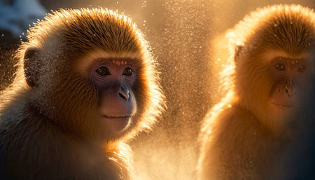 An AI generated illustration of primates sitting in the snow on a sunny dayの素材
