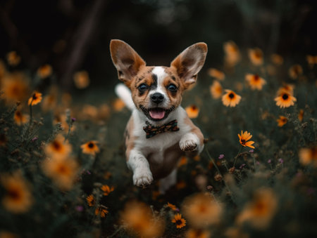 An AI generated illustration of A dog in a flower meadowの素材