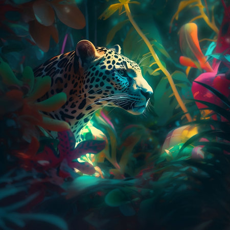 An AI generated illustration of a majestic jaguar peering through a lush jungleの素材