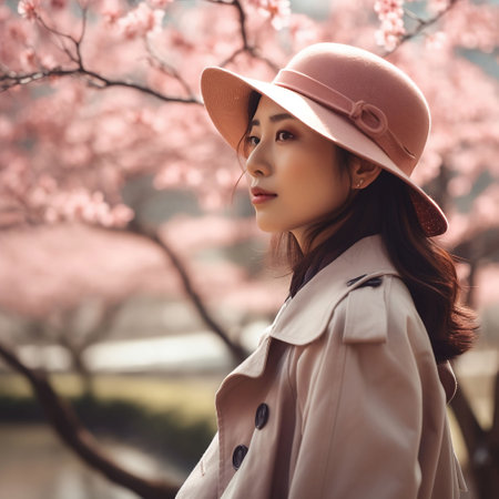 An AI generated illustration of A young female with a bright pink stylish hat during spring blossomの素材