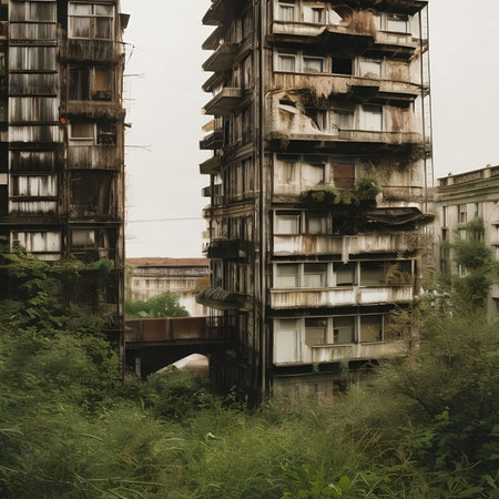 An AI-generated illustration of old decayed high-rise buildings surrounded by vegetation.の素材