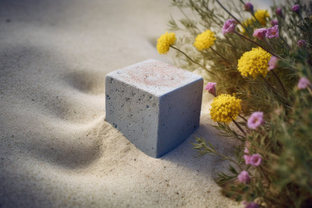 An AI generated illustration of a grey concrete block on a sandy beach surrounded by vibrant flowersの素材