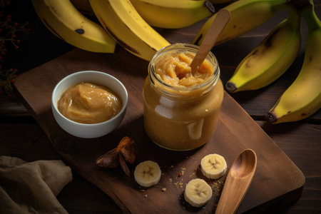 An AI generated illustration of a jar of peanut butter with fresh bananas on the tableの素材